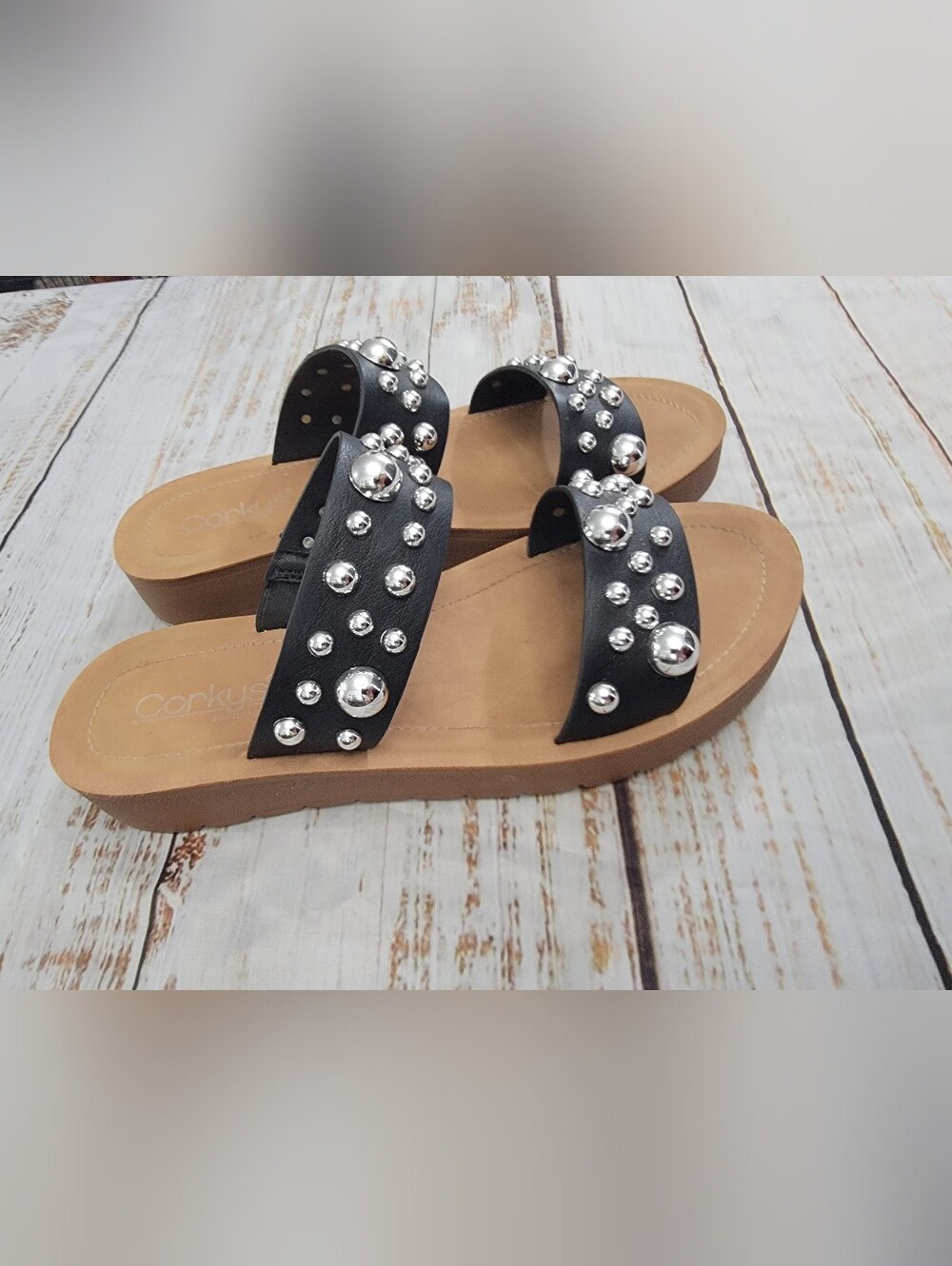 Corkys Black Double-Strap Stud Slide Sandals GREAT CONDITION